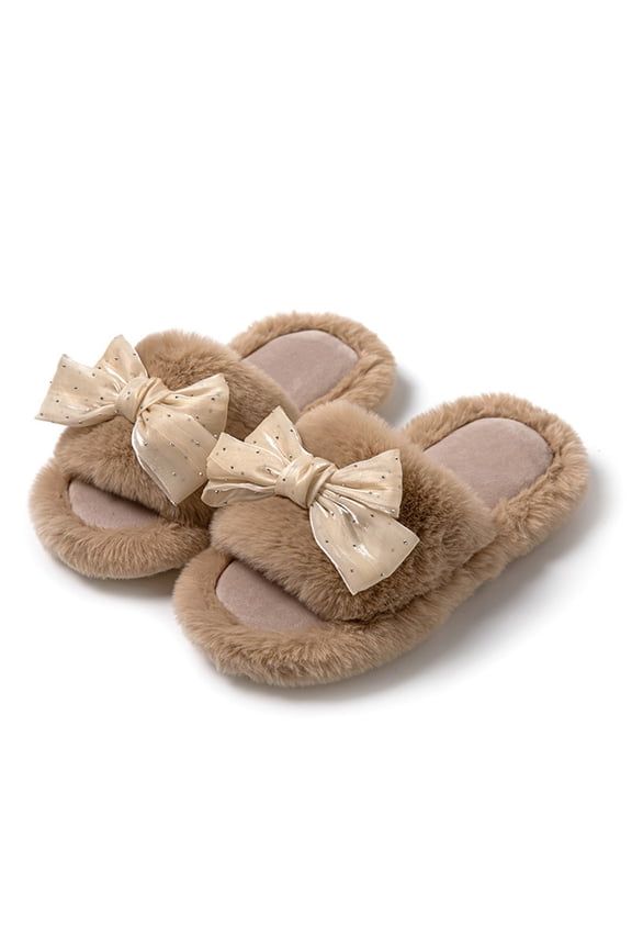 Women Slide Slippers, Open Toe Platform Thick Plush Lined Warm Fluffy House Slides, Bow Faux Fur Cute Girly Indoor Outdoor Comfort Loungewear Sandals for Bedroom Dorm Bathroom Brown 36