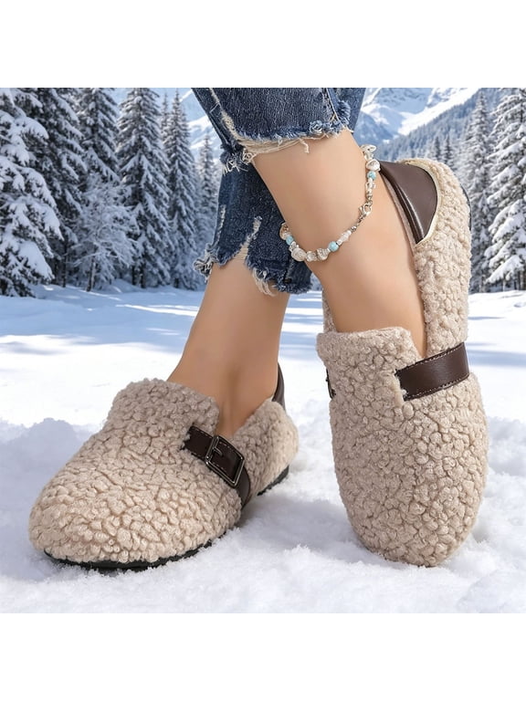Women Slip On Loafers, Teddy Fleece Round Toe Fleece Lined Warm Winter Flat Casual Shoes, Non Slip Low Platform Thermal Walking Flats for Daily Commute Outdoor Khaki 39