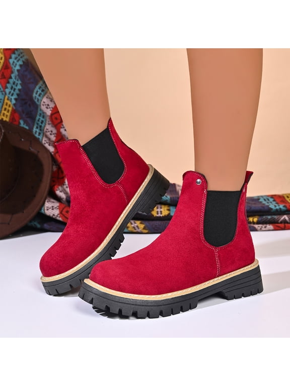 Women Suede Chelsea Boots Lug Platform Slip On Short Booties, Non Slip Chunky Sole Casual Fashion Ankle Boots for Daily Outdoor Wear Red 36