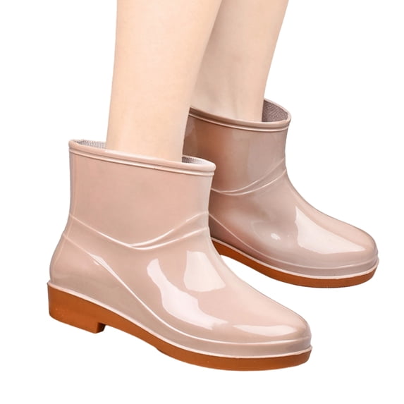 pwidon Women Waterproof Rain Boots Mid Ankle Slip On Low Heel Slip Resistant Rubber Wet Weather Casual Outdoor Women Rain Footwear Khaki 40