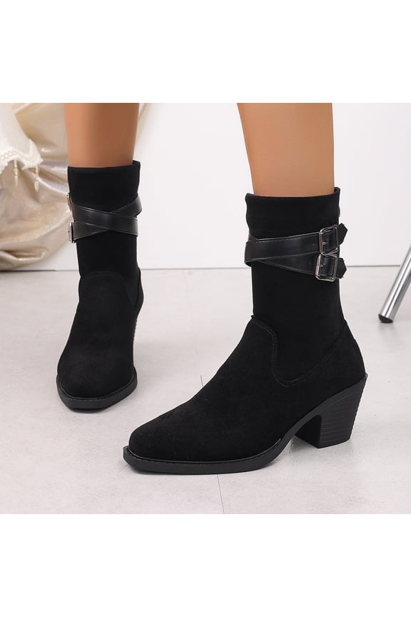 Women Western Ankle Boots, Block Heel Metal Buckle Rear Zip Non Slip Booties, Stacked Mid Calf Casual Concert Festival Slouch Cowgirl Short Calf Boots Black 37