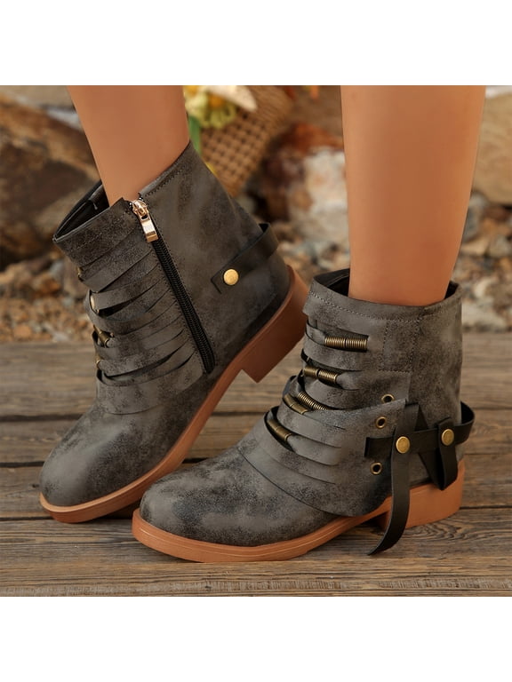 Women's Ankle Boots, Side Zip Contrast Buckle Strap Low Block Heel Fashion Short Booties, Round Toe Smooth Leather Streetwear Casual Ankle Boots for Daily Party Outfits Gray 36