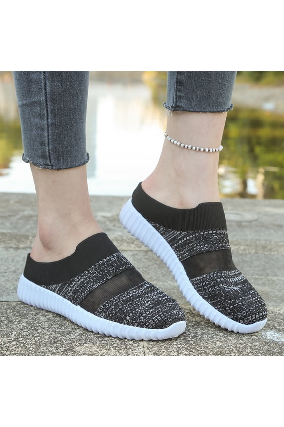 Women's Backless Mule Sneakers Slip On Breathable Fly Knit Mesh Walking Slide Comfort Casual Trainers Black 6