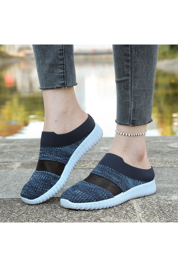Women's Backless Mule Sneakers Slip On Breathable Fly Knit Mesh Walking Slide Comfort Casual Trainers Blue 8
