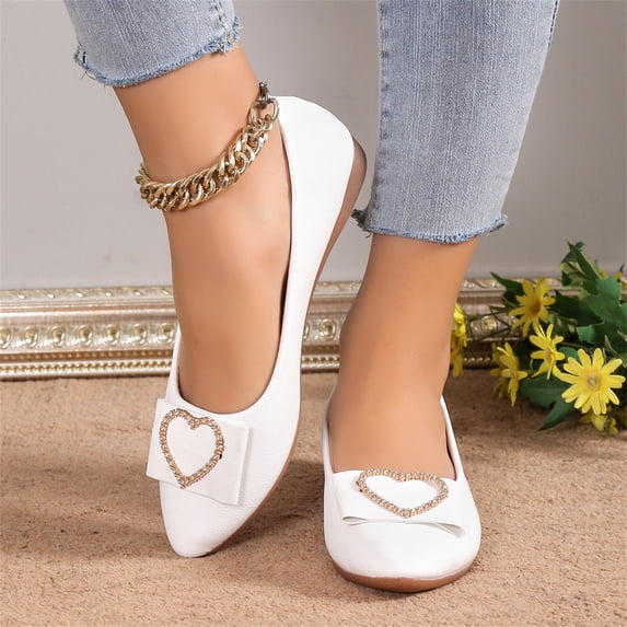 pwidon Women's Ballet Flats Slip On Flat Rhinestone Heart Bow Comfort Office Walking Casual Dress Shoes White 6.5