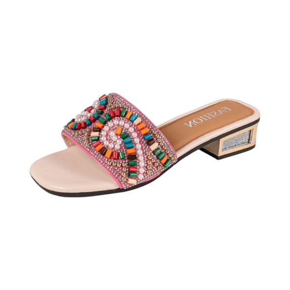 pwidon Women's Block Heel Slide Sandals Square Open Toe Slip On Boho Multicolor Bead Rhinestone Decor Casual Dress Mules Pink 5.5