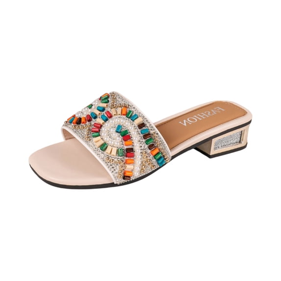 pwidon Women's Block Heel Slide Sandals Square Open Toe Slip On Boho Multicolor Bead Rhinestone Decor Casual Dress Mules White 7