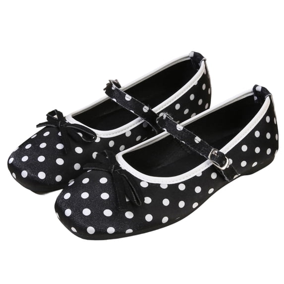 pwidon Women's Bow Mary Jane Flats Square Toe Adjustable Buckle Strap Polka Dot Casual Walking Ballet Shoes Black 6