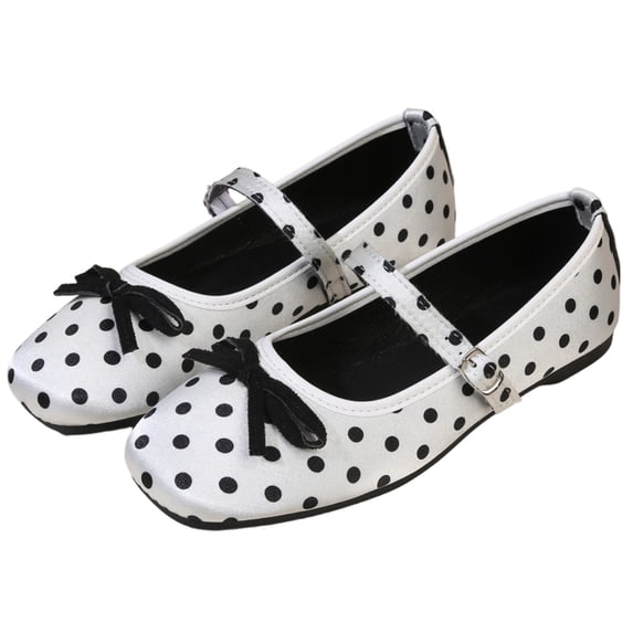 pwidon Women's Bow Mary Jane Flats Square Toe Adjustable Buckle Strap Polka Dot Casual Walking Ballet Shoes White 5.5