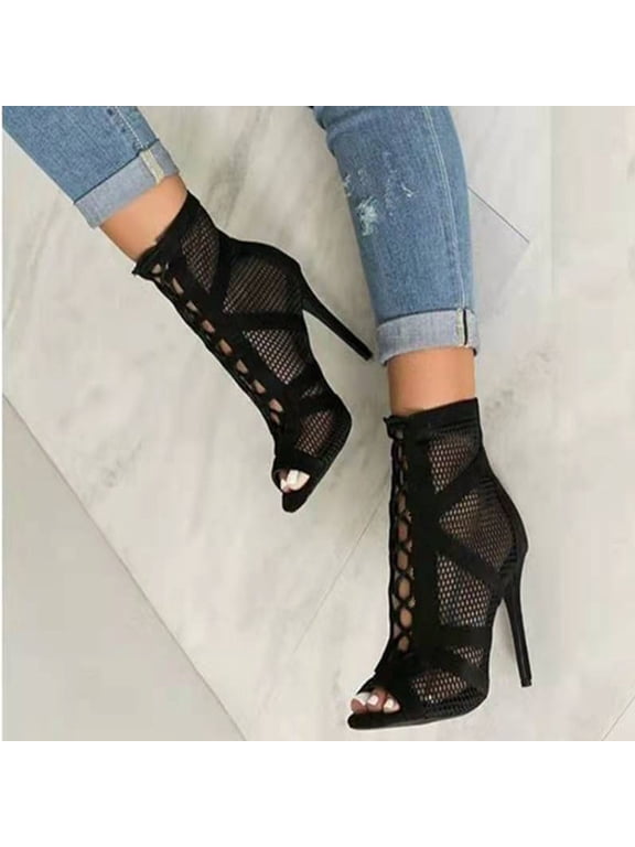 Women 's Breathable Fishnet Mesh Hollow Out Peep Toe Ankle Heel Booties Crisscross Lace‑Up Rear Zipper Slim Stiletto High Heel Summer Nightclub Dance Boots for Women 43