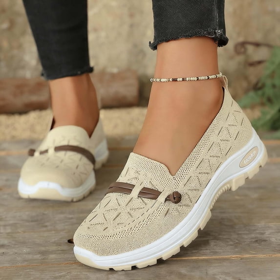 pwidon Women's Breathable Knit Slip On Loafers Orthopedic Arch Support Platform Wedge Comfort Walking Casual Sneaker Shoes Khaki 7
