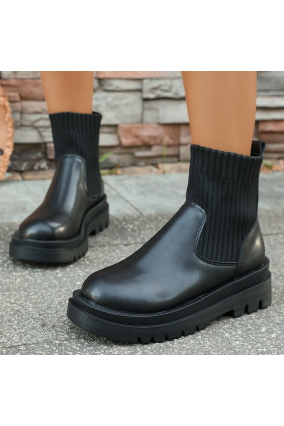 Women's Chelsea Ankle Boots Platform Ribbed Knit Sock Slip On Lug Sole Stretch Knit Combat Booties, Smooth Leather Panel Chunky Short Winter Boots for Street Daily Outdoor Walking Black 37