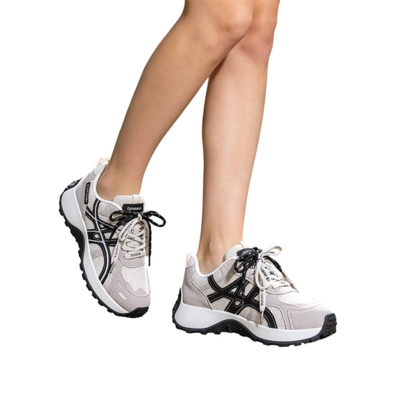 pwidon Women's Chunky Sneakers Athletic Shoes Platform Breathable Mesh Walking Running Casual Fashion Trainers Beige 7
