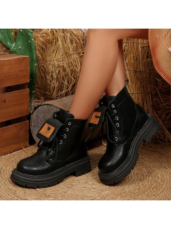 Women's Combat Ankle Boots Lace Up, Fold Over Platform Vintage Moto Booties, Retro Faux Leather Mid Calf Fashion Walking Boots for Fall Winter Street Daily Outdoor Wear Black 39