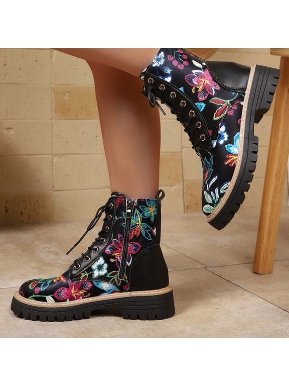 Women's Combat Ankle Boots Lace Up with Zipper, Chunky Lug Platform Floral Fashion Booties, Vintage Botanical Print Mid Calf Streetwear Boots for Daily Outdoor Walking Black 43