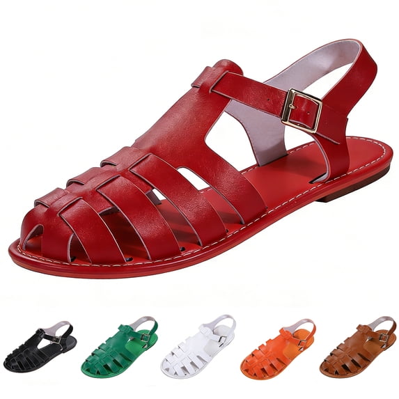 pwidon Women's Fisherman Gladiator Flat Sandals Closed Toe Woven Adjustable Buckle Ankle Strap Cutout Casual Summer Beach Walking Sandals Saffron 8.5