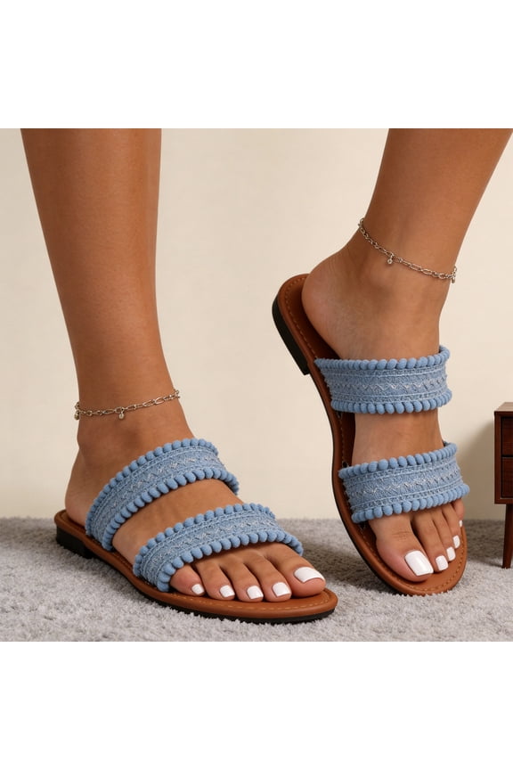Women's Flat Slide Sandals Open Toe Pom Pom Trim Two Strap Boho Woven Slip On Casual Summer Walking Mules Sky Blue 7