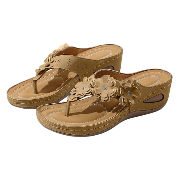 pwidon Women's Flip Flops Slip On Thong Wedge Platform 3D Floral Rhinestone Cutout Casual Walking Summer Sandals Brown 5.5