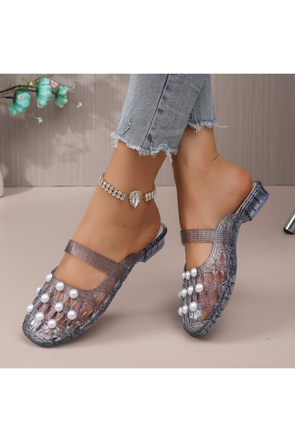 Women's Jelly Slide Mules Closed Toe Hollow Out Low Block Heel Metal Ball Stud Waterproof Summer Beach Sandals Navy 7