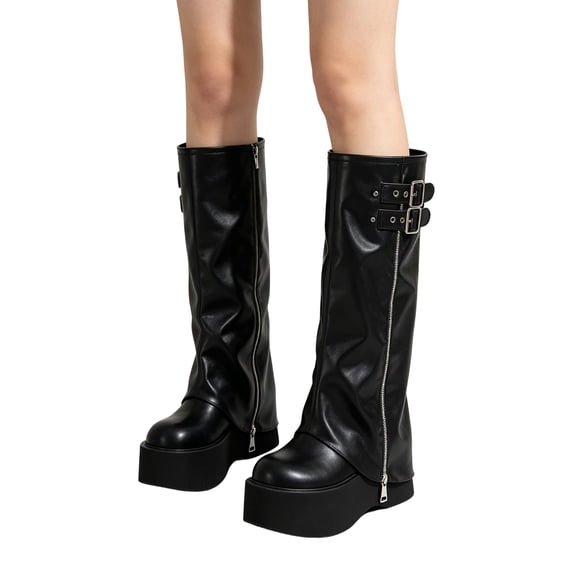 pwidon Women 's Knee High Boots Tall Platform Round Toe Boots, Slouchy Faux Leather, Side Zip, Chunky Thick Sole Fashion Boots 37