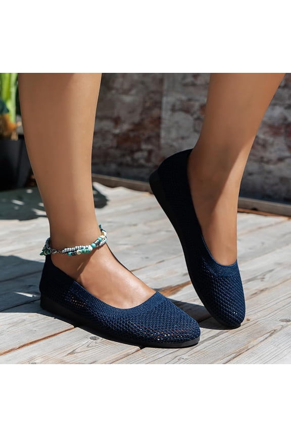 Women's Knit Loafers Breathable Slip On Mesh Knit Ballet Flats Round Toe Comfort Cushioned Casual Walking Daily Dress Shoes Navy 8.5
