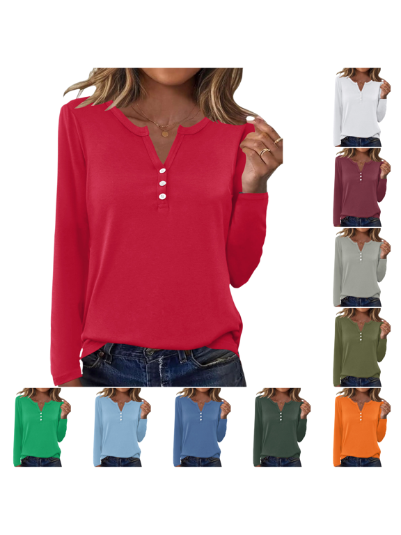 Women's Long Sleeve T Shirt Henley V Neck Button Front Soft Casual Daily Top for Spring Fall L