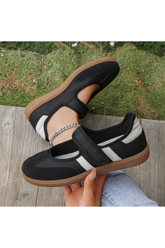 Women's Mary Jane Sneakers Velcro Strap Retro Striped Flat Gum Sole Comfort Walking Casual Trainers Black 8