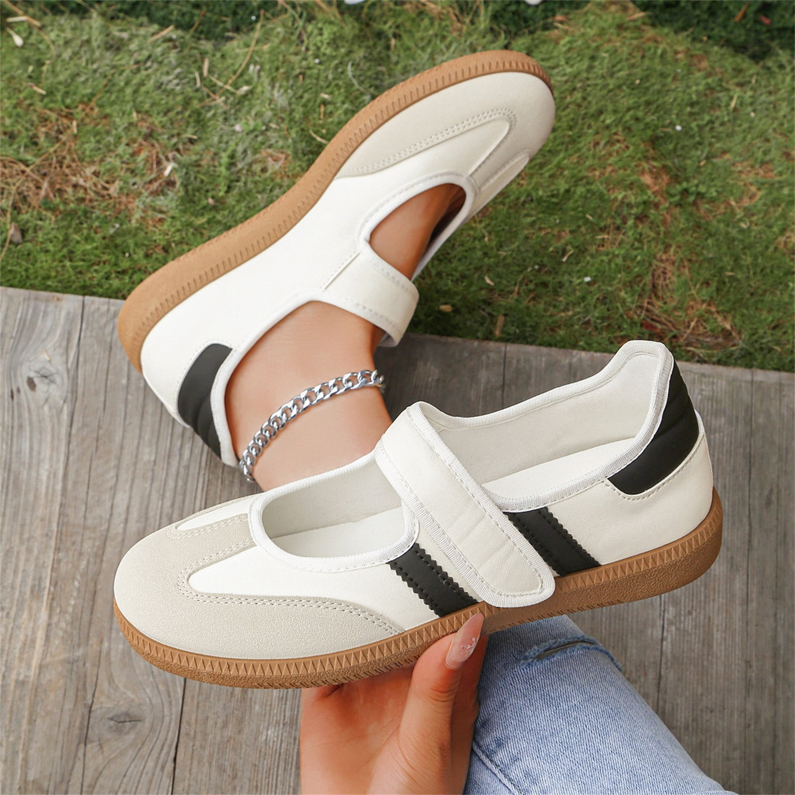 pwidon Women's Mary Jane Sneakers Velcro Strap Retro Striped Flat
