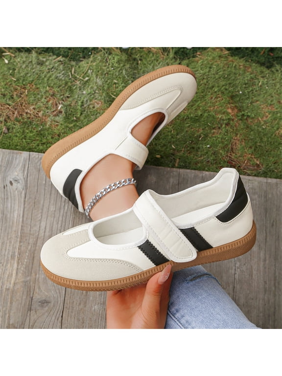 Women's Mary Jane Sneakers Velcro Strap Retro Striped Flat Gum Sole Comfort Walking Casual Trainers White 7
