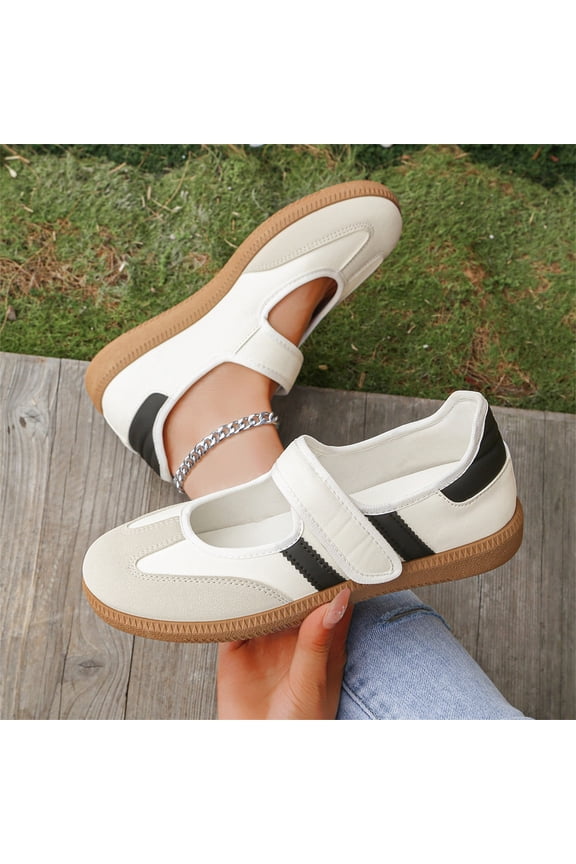 Women's Mary Jane Sneakers Velcro Strap Retro Striped Flat Gum Sole Comfort Walking Casual Trainers White 8