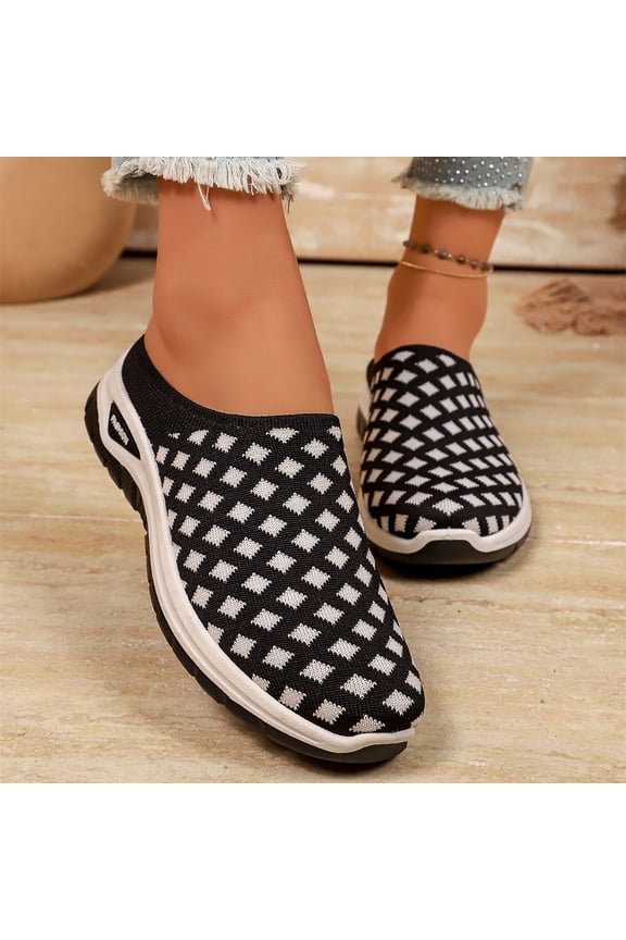 Women's Mule Sneakers Backless Closed Toe Slip On Platform Checkered Knit Comfort Walking Clogs Black 8