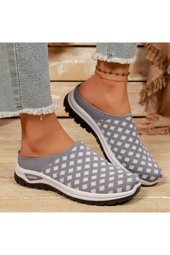 Women's Mule Sneakers Backless Closed Toe Slip On Platform Checkered Knit Comfort Walking Clogs Gray 7