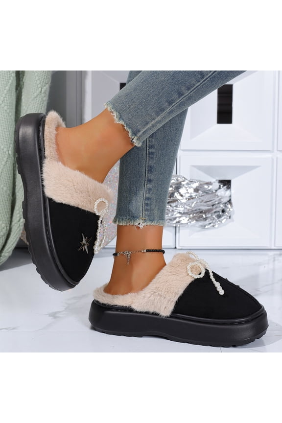 Women's Platform Mule Slippers, Soft Fleece Lined Warm Suede Open Back House Slides, Pearl Bow Star Metal Decor Cute Kawaii Winter Indoor Outdoor Lounge Clogs for Bedroom Dorm Black 40