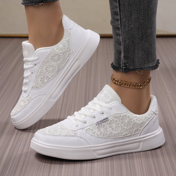 pwidon Women's Platform Skate Sneakers Lace Up Breathable Low Top Casual Walking Fashion Board Shoes White 8.5