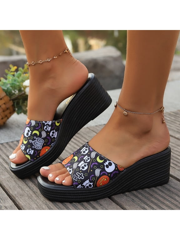 Women's Platform Wedge Slide Sandals Open Toe Slip On Halloween Holiday Party Casual Comfort Mules Black 5.5