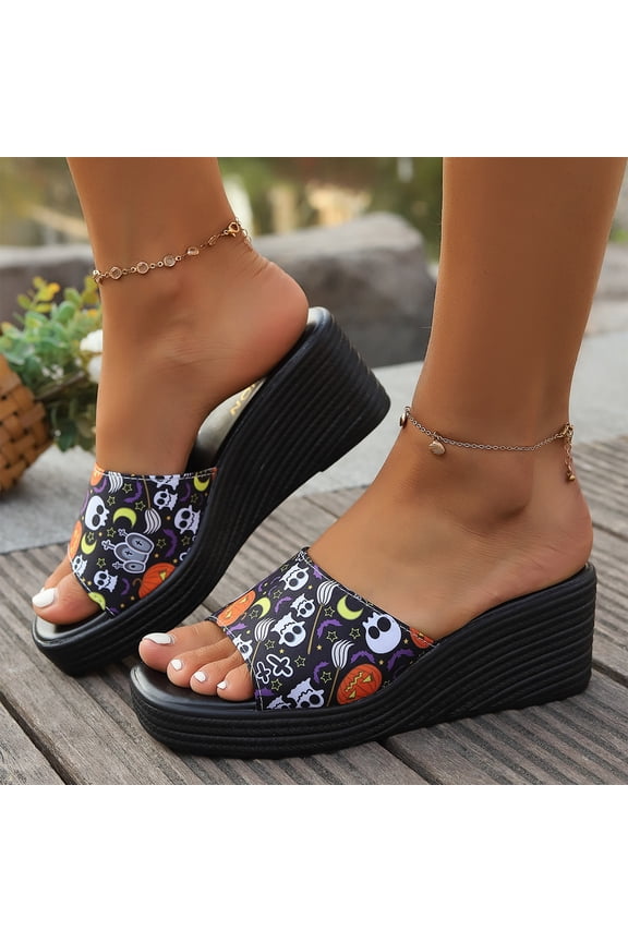 Women's Platform Wedge Slide Sandals Open Toe Slip On Halloween Holiday Party Casual Comfort Mules Black 6.5