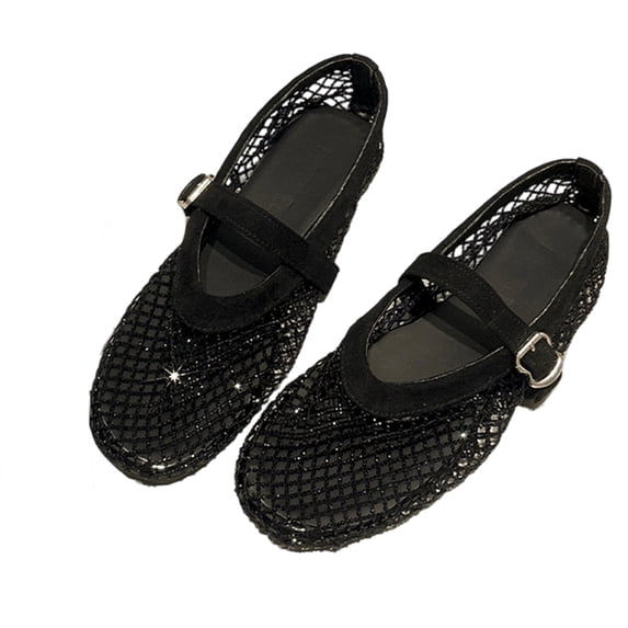 pwidon Women's Round Toe Mary Jane Flat Shoes Breathable Fishnet Mesh Rhinestone Adjustable Buckle Wedding Casual Walking Loafers Black 7.5