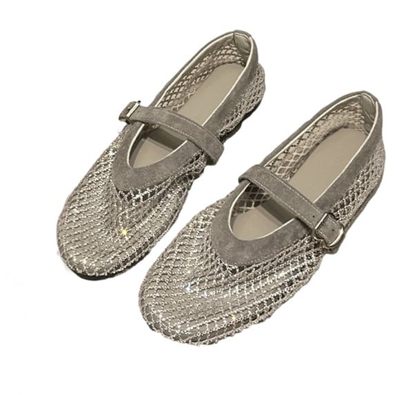 pwidon Women's Round Toe Mary Jane Flat Shoes Breathable Fishnet Mesh Rhinestone Adjustable Buckle Wedding Casual Walking Loafers Gray 7