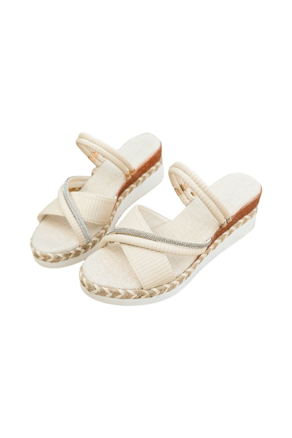Women's Slide Sandals Espadrille Wedge Open Toe Two-Way Wear Rhinestone Crisscross Ribbed Fabric Boho Platform Slip On Mules Beige 6