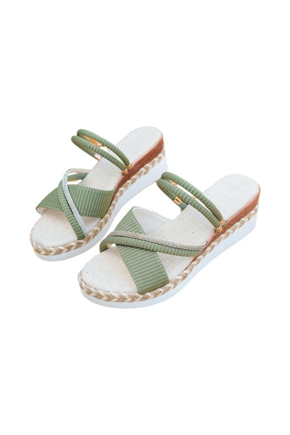 Women's Slide Sandals Espadrille Wedge Open Toe Two-Way Wear Rhinestone Crisscross Ribbed Fabric Boho Platform Slip On Mules Mint Green 8