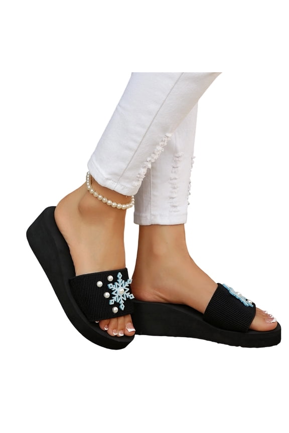 Women's Slide Sandals Platform Slip On Slippers Open Toe Embroidered Snowflake Pearl Wedge Summer Beach Walking Slippers Blue 7