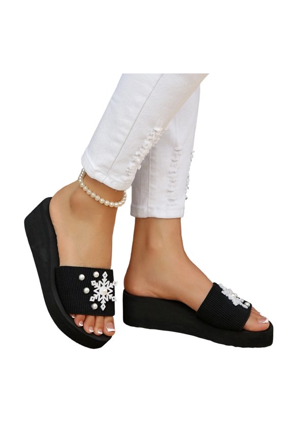 Women's Slide Sandals Platform Slip On Slippers Open Toe Embroidered Snowflake Pearl Wedge Summer Beach Walking Slippers White 6