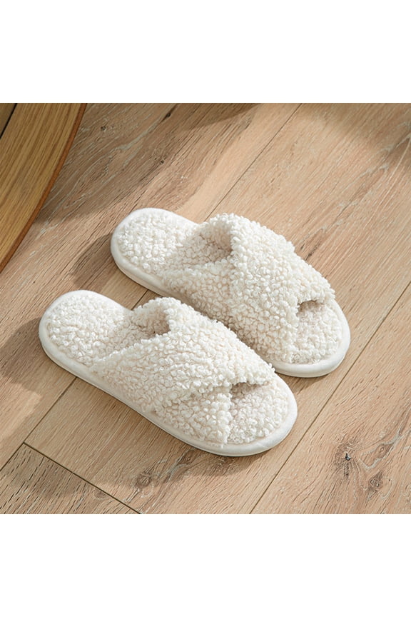 Women's Slide Slippers Open Toe Soft Plush Non Slip Cross Strap Curly Teddy Fuzzy Indoor Bedroom Loungewear Slippers Cozy Fluffy Slip On House Slides for Women Men Beige 40