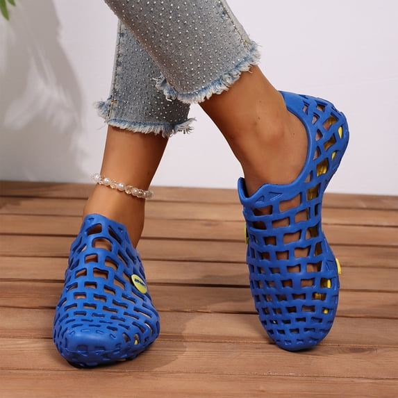 pwidon Women's Slip On Clogs Shoes Water Quick Dry Non Slip Hollow Beach Pool Garden Walking Athletic Shoes Blue 6.5