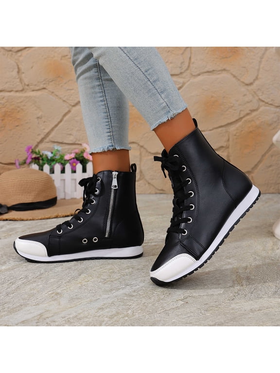 Women's Sneaker Ankle Boots, Cap Toe Side Zip Flat High Top Casual Short Booties, Non Slip Lightweight Streetwear Fashion High Ankle Sneakers for Daily Commute Street Outfits Black 38