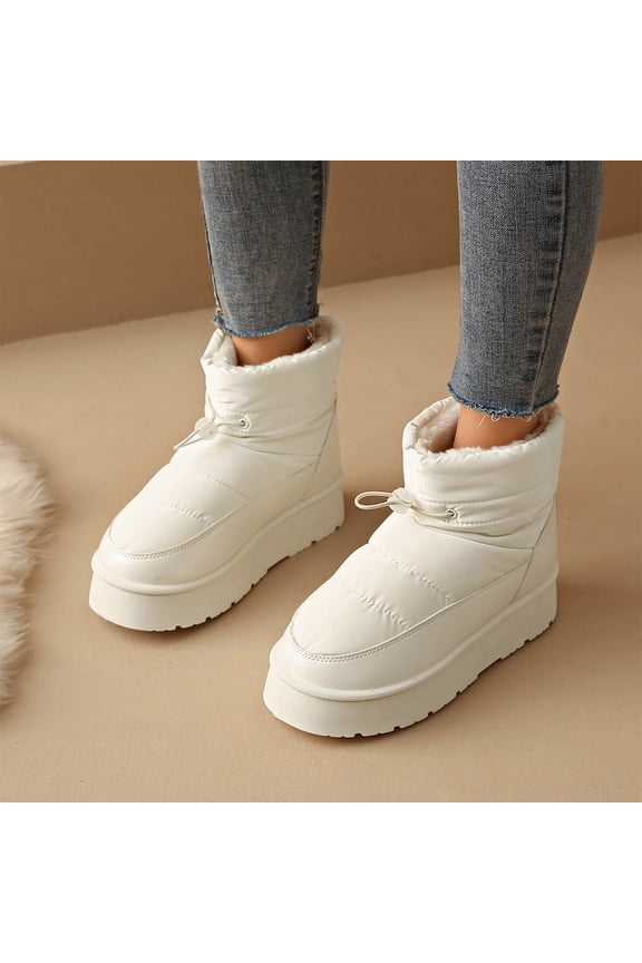 Women's Snow Ankle Boots, Waterproof Slip On Fleece Lined Winter Booties, Drawstring Round Toe Warm Non-Slip Short Outdoor Snow Boots for Daily Errands Ski Trips Beige 37