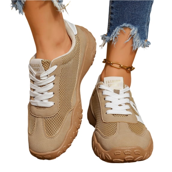 pwidon Women's Trainer Sneakers Mesh Suede Patchwork Lace Up Platform Retro Lightweight Walking Casual Athletic Shoes Khaki 5.5