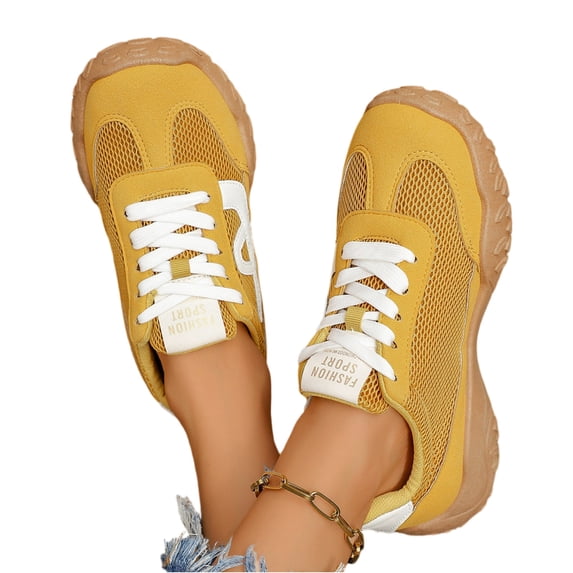 pwidon Women's Trainer Sneakers Mesh Suede Patchwork Lace Up Platform Retro Lightweight Walking Casual Athletic Shoes Yellow 6.5