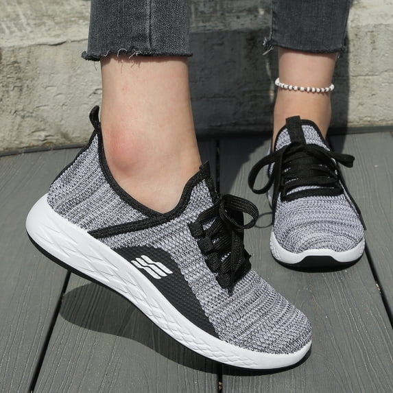 pwidon Women's Walking Sneakers Lightweight Lace Up Athletic Running Shoes Breathable Fly Knit Casual Sport Trainers Grey Black Black 6