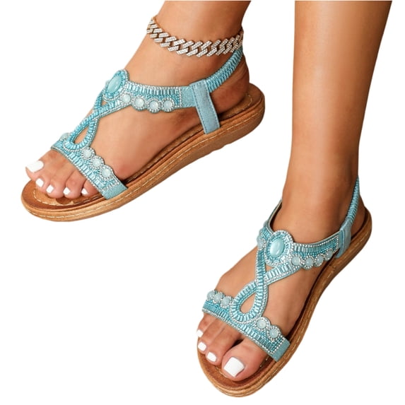 pwidon Women's Wedge Sandals Elastic Ankle Strap Open Toe Boho Slip On Orthopedic Arch Support Rhinestone Gemstone Casual Beach Walking Sandals Light Blue 8.5